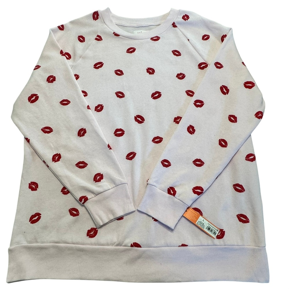 Colsie Womens Pink Red Lipstick Kiss Print Crewneck Sweatshirt Large‎ NEW